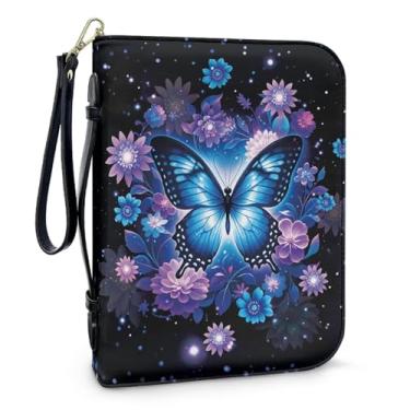 Imagem de QOPECUOY Capas bíblicas de borboleta azul para mulheres, bolsas bíblicas de flores de borboleta para mulheres, bolsa de couro preto com alça e alça de pulso, bolsas de mão bíblicas com zíper para