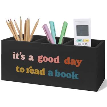 Imagem de Yhtrg Porta-lápis de madeira preto para mesa, presente para amantes de livros, é um bom dia para ler um livro, pincel de maquiagem de madeira, organizador de escova de dentes para leitura de canto e