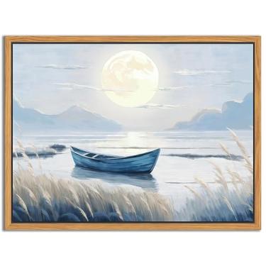 Imagem de Arte de parede em tela emoldurada flutuante, barco azul e pintura de paisagem de lago de lua cheia, impressão de pôster de natureza paisagem marítima tranquila, decoração de parede de cena de lago