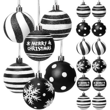 Imagem de Tsorode 12 peças de enfeites de Natal preto e branco, enfeites de Halloween com glitter de 6 cm, listras pretas e brancas, enfeites de bola de Natal para árvore de Natal, decorações de Halloween