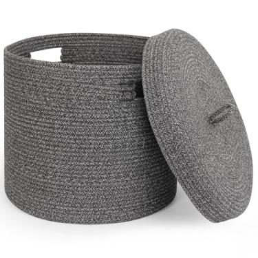 Imagem de WILLITAT Cesta de armazenamento com tampa, cobertor de armazenamento para sala de estar, lindo cesto de corda de algodão com tampa, cesto de roupa de vime redondo com capa, caixa de brinquedos