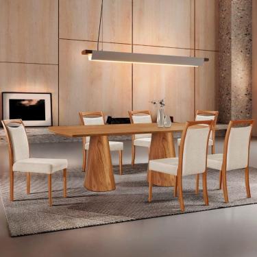 Imagem de Mesa Noronha 180cm Tampo Laminado Barril Com 6 Cadeiras Livi Linho Off Imbuia Natural