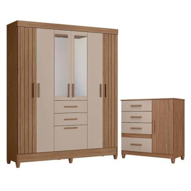 Imagem de Guarda Roupa Solteiro Malta Com Espelho E Cômoda Vênus Com Pés Carvalho Fendi - Moval