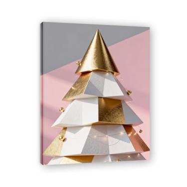 Imagem de Moldura interna. Arte moderna de presente de Natal, arte geométrica de árvore rosa empoeirada e dourada, tela emoldurada pronta para pendurar para uma casa de férias elegante. A47. 30x40cm-11,8x15,7