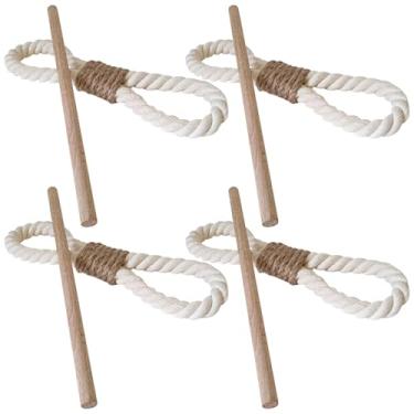 Imagem de 4 peças rústicas laços de cortina de corda de algodão com tacos de madeira, suportes de cortina de fazenda para sala de estar e quarto