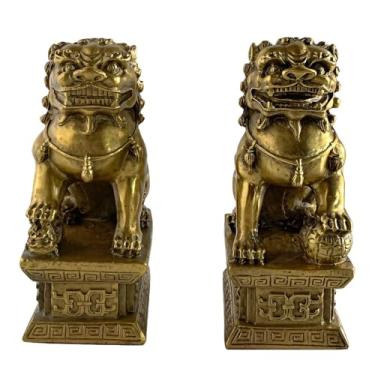 Imagem de LUMINFLY Estátuas de leão de cobre Feng Shui, conjunto decorativo de 2 peças para melhorar a sorte em casa ou escritório