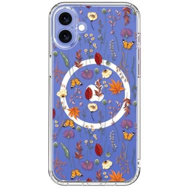 Imagem de ICEDIO Capa para iPhone 16 com protetor de tela - compatível com carregamento sem fio, proteção aprimorada da câmera, ajuste fino - capa transparente com design floral moderno para mulheres - laranja