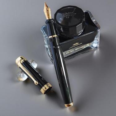 Imagem de zhongyuansu Caneta-tinteiro luxuosa feita à mão – barril de metal premium, ponta banhada a ouro 18K, escrita suave, conversor de tinta recarregável – Caneta executiva de presente para escritório