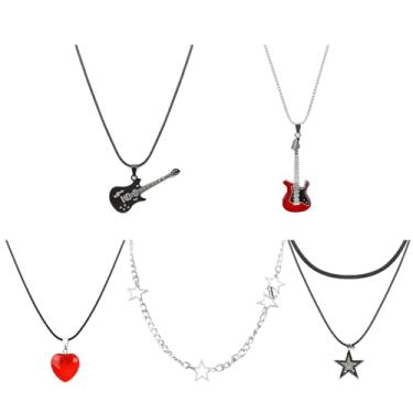 Imagem de Molirex Colar em camadas de guitarra gótica grunge em camadas com pingente de coração vermelho punk corrente de estrela grossa gargantilha Y2K joias góticas acessórios emo para mulheres e homens