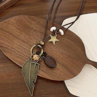 Imagem de Boho Colar com pingente em camadas, colares longos para mulheres, colares de couro, presentes de amizade, joias, Medium, Latão, Sem Pedra Preciosa