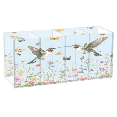 Imagem de SEHANY Lindo porta-canetas de acrílico com flores em aquarela, pássaro, 4 compartimentos, porta-lápis transparente, organizador de pincéis de maquiagem, organizador de papelaria para escritório, casa
