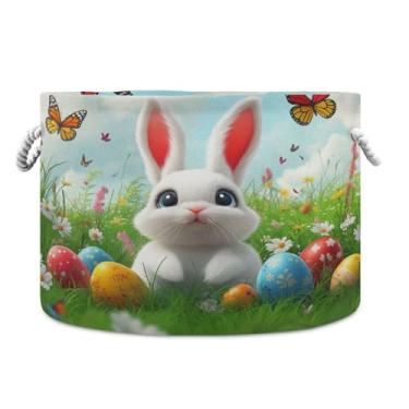 Imagem de Blueangle Cesta de armazenamento de coelhinho fofo de Páscoa de 50,8 cm P x 35,5 cm A - cesto de roupa extra grande dobrável, organizador de brinquedos redondo e armazenamento doméstico à prova d'água