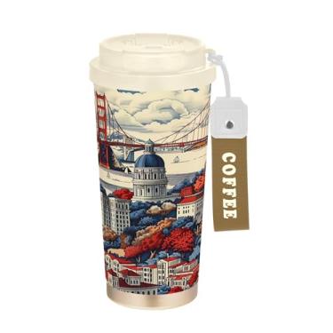 Imagem de SEHANY American Famous Landmarks Caneca de viagem de 482 g Copos de café reutilizáveis revestidos de cerâmica com tampa à prova de vazamento, parede dupla, isolamento a vácuo, copo de café de aço
