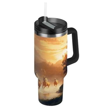 Imagem de SEHANY Copo Majestic Horse de 850 g com tampa e canudo, aço inoxidável de vácuo duplo isolado garrafa de água esportiva suporte de copo de café de viagem à prova de vazamento para bebida gelada