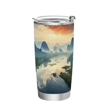 Imagem de Blueangle Copo de 590 ml com tampa e canudo, copo de café com água isolada a vácuo de aço inoxidável, caneca de viagem de paisagem de montanha, copo térmico para bebidas quentes e frias (14)