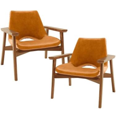 Imagem de Kit 02 Poltronas Decorativa Para Sala De Estar Living Base Madeira Becker L02 Couríssimo Whisky - Lyam Decor