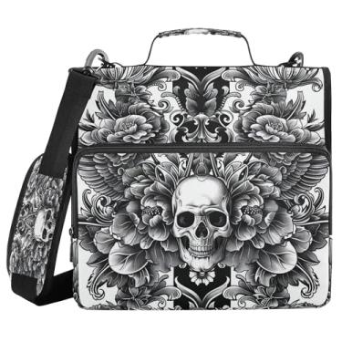 Imagem de SEHANY Fichário com zíper de caveira com alça de ombro, capacidade para 500 folhas, vários bolsos, fichário com 3 anéis com zíper de 3 cm