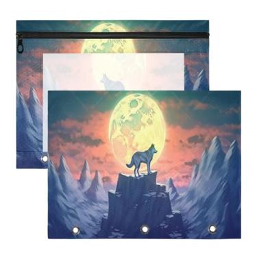Imagem de ATTX Pacote com 2 bolsas de fichário de lobo solitário – Bolsa impermeável com zíper de 3 anéis com janela transparente, acessórios de material de escritório para estojos de lápis e organizador de