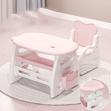 Imagem de Yadlan Mesa infantil com armazenamento ajustável em altura, mesa de estudo para crianças com cadeira, interessante mesa de estudo em forma de peixe com suporte para livros espaço de armazenamento