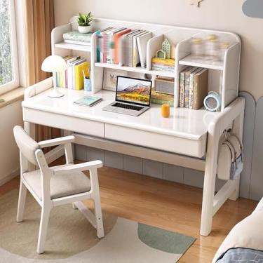 Imagem de Mesa infantil com estante de livros, mesa e cadeira infantil ajustável em altura para crianças de 8 a 12 anos, mesa de estudante com prateleiras, gaveta e ganchos, grande mesa branca de 140 cm