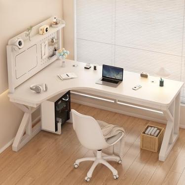 Imagem de Yadlan Mesa de estudo para meninas e meninos em forma de L, mesa de canto infantil para pequenos espaços com armazenamento, mesa de estudo de madeira maciça para quarto em forma de L com suporte de