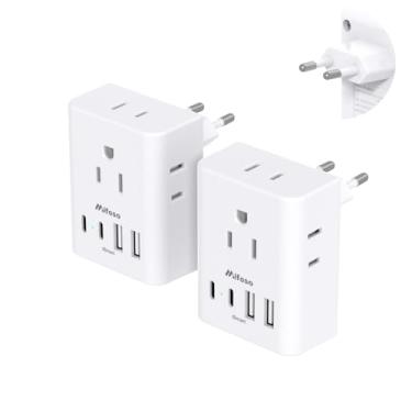 Imagem de Pacote com 2 adaptadores europeus de viagem, adaptador de alimentação internacional com 4 tomadas, 4 portas USB C (2 USB C), adaptador tipo C para a maior parte da Europa, UE, Itália, Espanha, Grécia