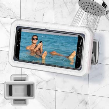 Imagem de Suporte de telefone de chuveiro à prova d'água – rotação de 360° + inclinação de 120° ajustável, capa antiembaçamento para tela sensível ao toque para montagem na parede/espelho do banheiro, suporte