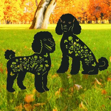 Imagem de Rngmsi Estacas de jardim de metal poodle, decoração de quintal, 2 peças de estátuas de silhueta de cachorro poodle preto presentes decorativos de jardim para arte de quintal, pátio, exterior, enfeites