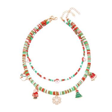 Imagem de Yestop Conjunto de colar de contas de Natal para mulheres, 2 peças, colar gargantilha com pingente de árvore de floco de neve de Papai Noel, presente de joias festivas para festas de fim
