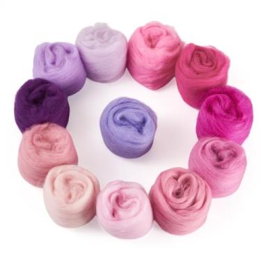 Imagem de Spritewelry Agulha de feltragem de 60 g de lã rosa multicolorida para feltragem de agulhas, 12 cores, lã macia para feltragem, artesanato, suprimentos de fiação manual