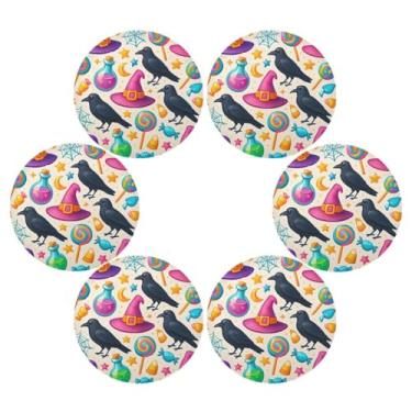 Imagem de Wassud Jogo americano conjunto de 6 chapéus de bruxa coloridos tapetes de mesa redondos para cozinha e jantar tapetes laváveis resistentes ao calor decoração de mesa 39 cm