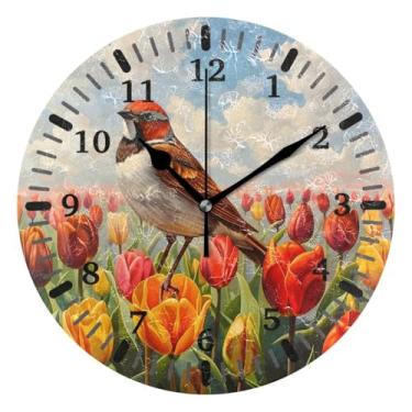 Imagem de CEBUGI Pássaro em tulipas relógio de parede operado por bateria relógios redondos silenciosos sem tique-taque relógios de parede para cozinha, banheiro, quarto, escritório, decoração 25,4 cm