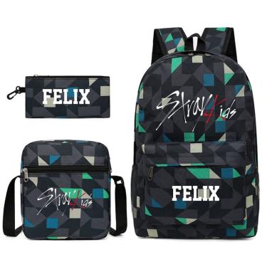 Imagem de Conjunto de mochilas escolares Strays Kids, 3 peças com bolsa de ombro e estojo para canetas