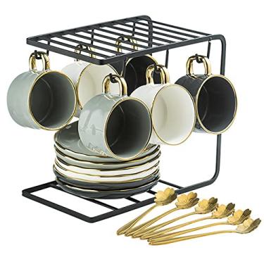 Imagem de Xícara de chá de porcelana vintage britânica, xícaras de café de cerâmica, conjunto de chá criativo com xícara de café com suporte de exibição xícaras de cappuccino latte mocha, xícara de chá para