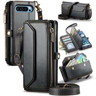 Imagem de Strapurs Capa tipo carteira compatível com Google Pixel 10 Pro XL com bloqueio de RFID, 10 cartões, couro sintético macio, alça de ombro magnética com zíper, capa para celular compatível com Pixel 10