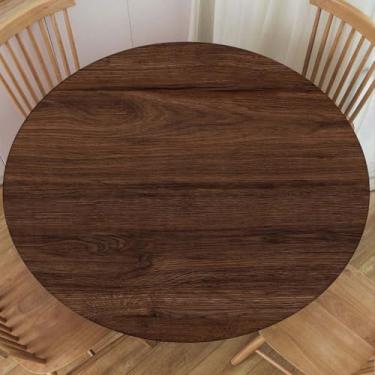 Imagem de SPLINDO Toalha de mesa redonda ajustada com textura de madeira elástica toalha de mesa toalhas de mesa laváveis panos de poliéster marrom impermeável para uso externo interno, 162 cm para mesa redonda