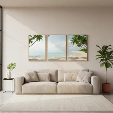 Imagem de Quadros Decorativos Praia Paisagem Coqueiro folhas Sala quarto moderno com Moldura (Moldura Bege, 60x80, Com Vidro)