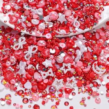 Imagem de 50 g Mix de strass de pérola vermelha para deslumbramento, lua estrela, coração, laços, pérolas, pingentes de unha, 2-10 mm, tamanhos mistos, meias pérolas planas e strass de 3-8 mm para artesanato
