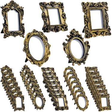 Imagem de Maitys 40 peças de mini molduras vintage pequenas fotos antigas barrocas ornamentadas resina oval moldura de mesa para decoração de casamento para casa (preto dourado)