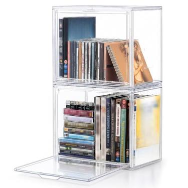 Imagem de CroBlissful Pacote com 2 organizadores empilháveis de plástico transparente para CD/DVD, capa flip magnética à prova de poeira, organizadores de armazenamento de mídia, comporta até 40 caixas de CD