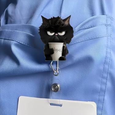 Imagem de Carretel de crachá de acrílico retrátil com clipe jacaré - Gato preto rabugento segurando não. Suporte de crachá de xícara de café, clipe de identificação de enfermeira de desenho fofo para