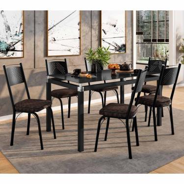 Imagem de Conjunto Mesa De Jantar Tubular Com 6 Cadeiras 151 Malva Tampo Vidro 140cm Sf Preto Assento Tecelão Cacau - Combo Stock