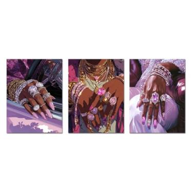 Imagem de VANSEEING Arte de parede de menina negra afro-americana impressão em tela moda luxo brilhante imagem rosa roxo decoração de parede para quarto feminino sala de estar salão arte 12 x 16 polegadas x 3