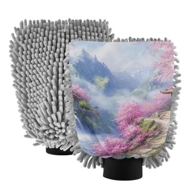Imagem de ODAWA Pacote com 2 luvas de lavagem de carro rosa jardim montanha, espuma de microfibra dupla face, canhão, lavagem de carro, 18 x 26 cm