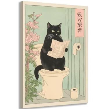 Imagem de COYIKC Gato preto japonês no vaso sanitário arte de parede impressão engraçada banheiro pôster de banheiro gato japonês decoração de parede imagens estética minimalismo arte pintura neutra decoração