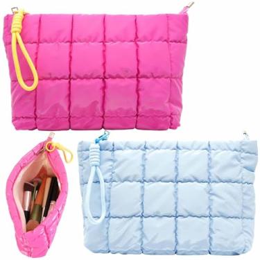 Imagem de 2 peças, bolsa de maquiagem acolchoada fofa, quadriculada, portátil, bolsa de cosméticos inchada, bolsas de viagem para cuidados com a pele, bolsa organizadora de armazenamento com zíper, estojo de