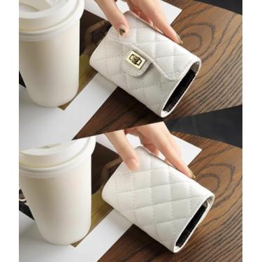 Imagem de Carteira feminina de couro genuíno com dobra dupla/tripla - Suporte minimalista para cartão de crédito com bloqueio de RFID e bolso para moedas, Branco, Casual