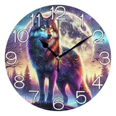 Imagem de GAIGEO Relógio de parede analógico decorativo redondo sem tique-taque silencioso para sala de aula, relógio de escritório, retrô moderno art déco, decoração de parede, floresta de lobo, lua brilhante