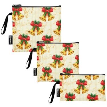 Imagem de TSENQUE Sinos de Natal Laços Bege Reutilizáveis Sanduíche Lanche Sacos de Comida de Tecido Lavável com Zíper para Viagem, Trabalho, Escola, Escritório (Pacote com 3: P/M/G)