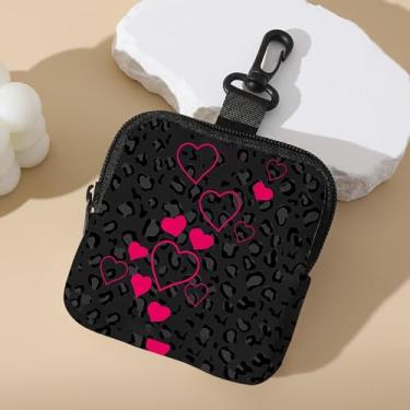 Imagem de Porta-chaves mini porta-moedas, bolsa multifuncional para chaves, moedas, fone de ouvido, batom, porta-cartões, organizador de cabos de dados, bolsa com zíper, corações rosa, bolsa com estampa de